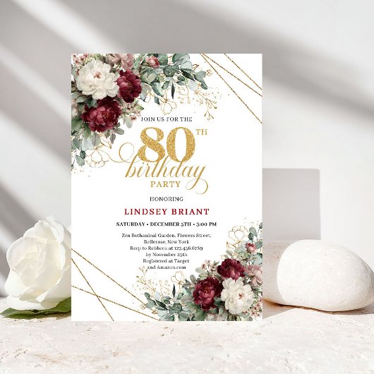 Invitation Burgundy Floral Boho Greenery 80th Birthday