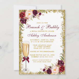 Invitation Burgundy Floral Bridal Brunch Bubbly Gold Parties