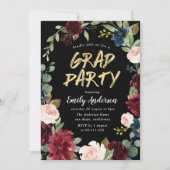 Invitation Burgundy floral brush script blac graduation (Devant)