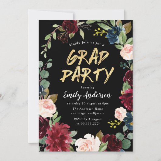 Invitation Burgundy floral brush script blac graduation (Devant)