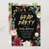 Invitation Burgundy floral brush script blac graduation (Devant / Derrière)