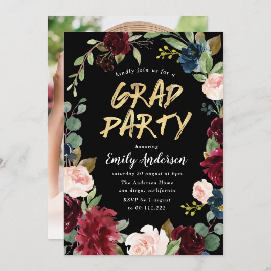 Invitation Burgundy floral brush script blac graduation (Devant / Derrière)