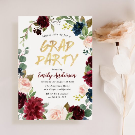Invitation Burgundy floral brush script fête de graduation