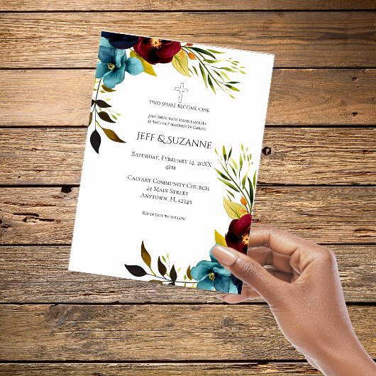 Invitation Burgundy Floral Cross Two Become One Wedding