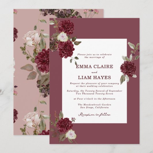 Invitation Burgundy Floral Deep Wine Old Money Wedding (Devant / Derrière)