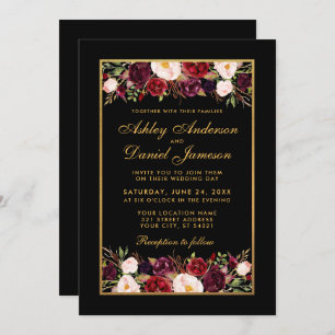 Invitation Burgundy Floral Elegant Black Gold Photo Mariage