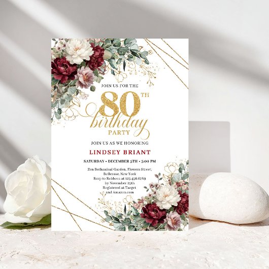 Invitation Burgundy Floral Eucalyptus Boho 80th Birthday