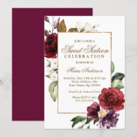 Burgundy Floral Gold Border Sweet 16 Party