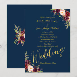 Invitation Burgundy Floral Gold Foil Navy Blue Wedding Invita