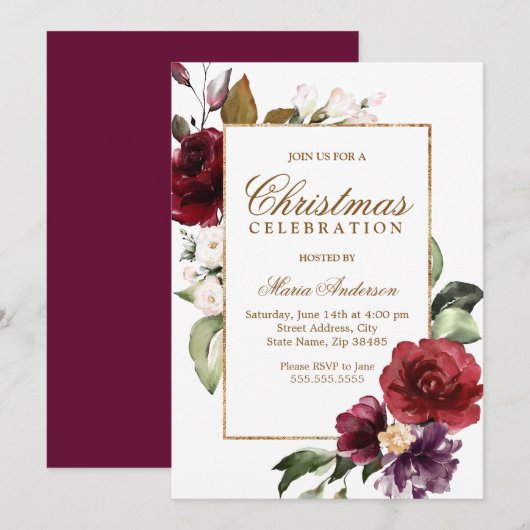 Invitation Burgundy Floral Gold Frontière Noël (Devant / Derrière)