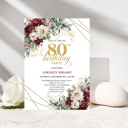 Invitation Burgundy Floral Gold Greenery 80th Birthday