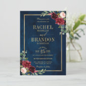 Invitation Burgundy Floral Gold Navy Bleu Russe Mariage (Debout devant)