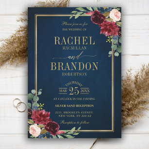 Invitation Burgundy Floral Gold Navy Bleu Russe Mariage