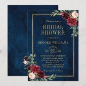 Invitation Burgundy Floral Gold Navy Fête des mariées bleue (Devant / Derrière)