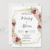 Invitation Burgundy Floral Gold Polygonal Geometric Wedding (Devant)