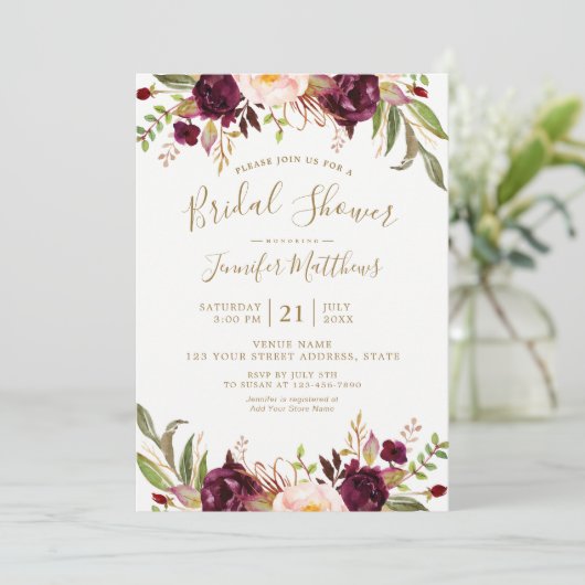 Invitation Burgundy Floral Gold Script Fête des mariées rusti (Debout devant)