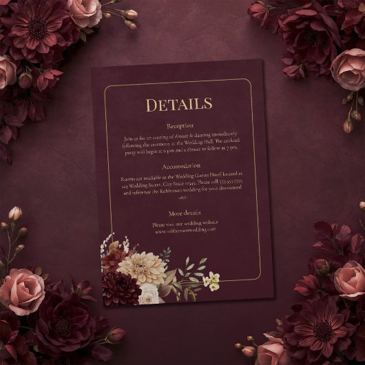 Invitation Burgundy Floral Gothic Wedding Details Card