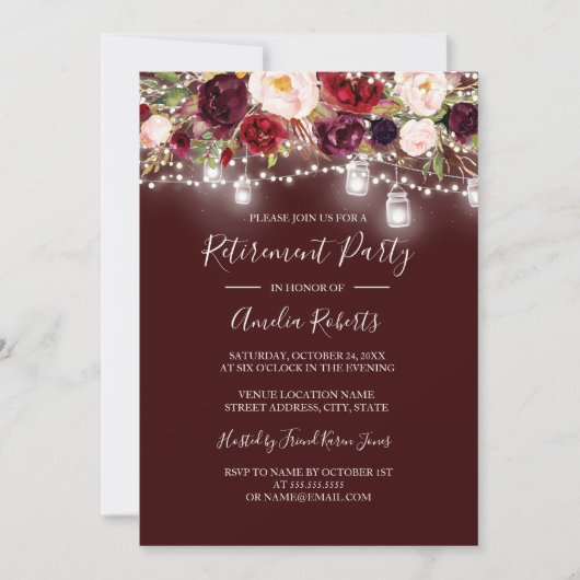 Invitation Burgundy Floral Lights Retraite (Devant)