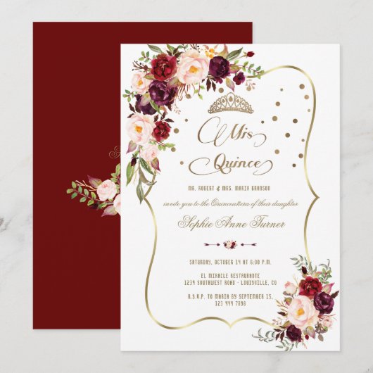 Invitation Burgundy Floral Mis Quince Script Quinceañera (Devant / Derrière)