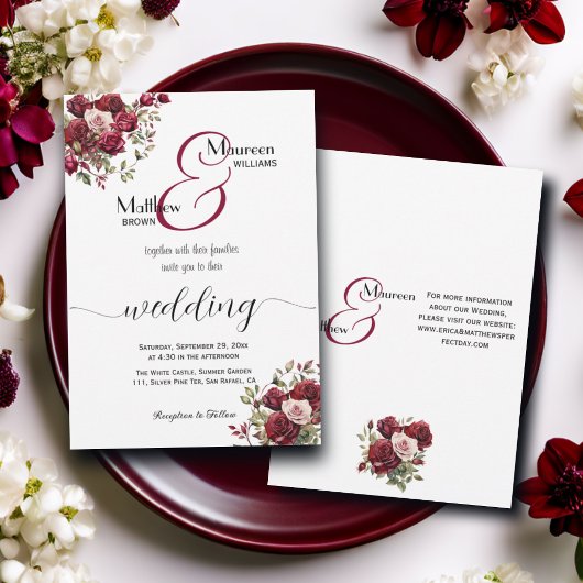 Invitation Burgundy Floral moderne Script et détails Mariage