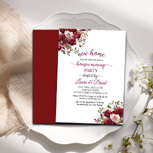 Invitation Burgundy Floral Moderne Script Fête de l'échauffem