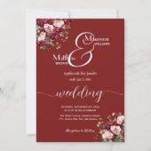 Invitation Burgundy Floral Moderne Script QR Code Mariage (Devant)