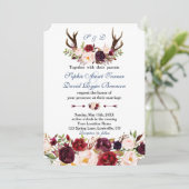 Invitation Burgundy Floral Navy Blue Antlers Monogram Mariage (Debout devant)