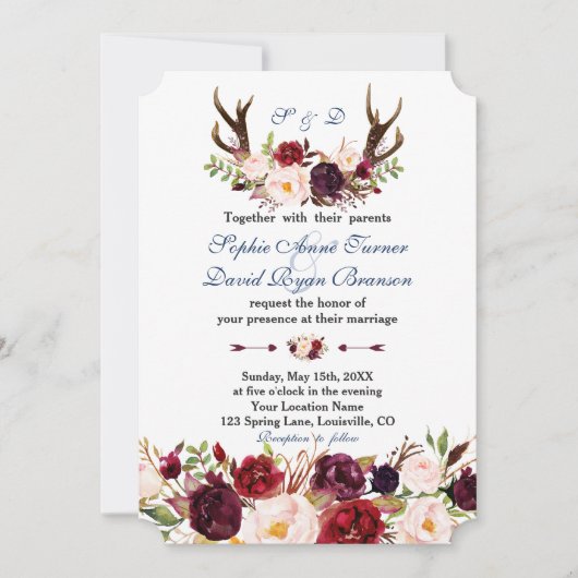 Invitation Burgundy Floral Navy Blue Antlers Monogram Mariage (Devant)