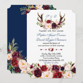Invitation Burgundy Floral Navy Blue Antlers Monogram Mariage (Devant / Derrière)