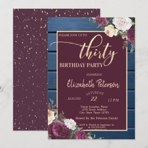 Invitation Burgundy Floral Navy Blue Bois 30e Anniversaire
