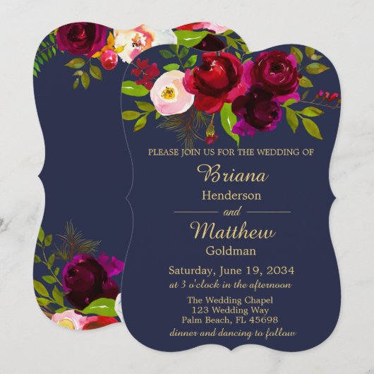 Invitation Burgundy Floral Navy Blue Gold Mariage (Devant / Derrière)