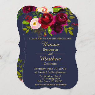 Invitation Burgundy Floral Navy Blue Gold Mariage