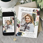 Invitation Burgundy Floral Navy Blue Photo Party