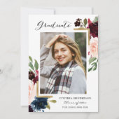 Invitation Burgundy Floral Navy Blue Photo Party (Devant)
