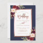 Invitation Burgundy Floral Navy Blue Rose Gold Script Mariage (Devant)