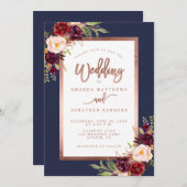 Invitation Burgundy Floral Navy Blue Rose Gold Script Mariage (Devant / Derrière)