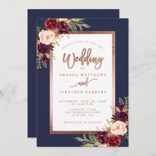 Invitation Burgundy Floral Navy Blue Rose Gold Script Mariage