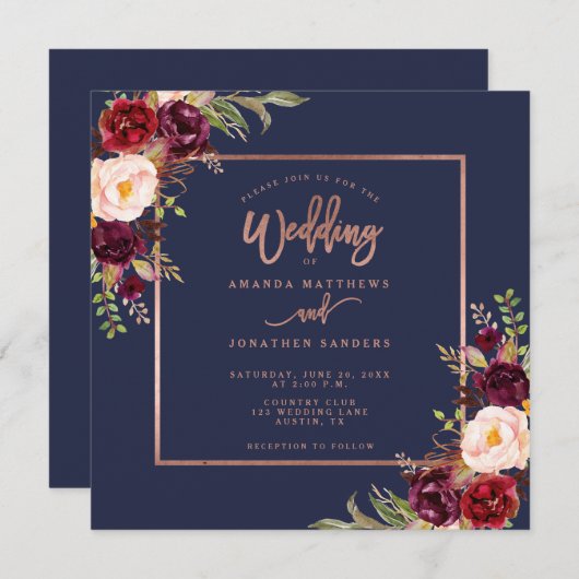 Invitation Burgundy Floral Navy Blue Rose Gold Script Mariage (Devant / Derrière)