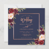 Invitation Burgundy Floral Navy Blue Rose Gold Script Mariage (Devant)