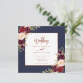Invitation Burgundy Floral Navy Blue Rose Gold Script Mariage (Debout devant)