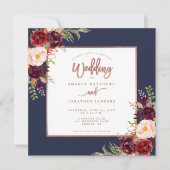 Invitation Burgundy Floral Navy Blue Rose Gold Script Mariage (Devant)