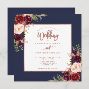Invitation Burgundy Floral Navy Blue Rose Gold Script Mariage