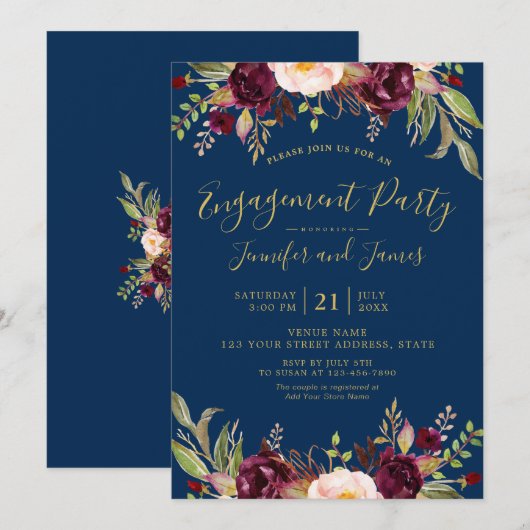 Invitation Burgundy Floral Navy Blue Russe Engagement Party (Devant / Derrière)