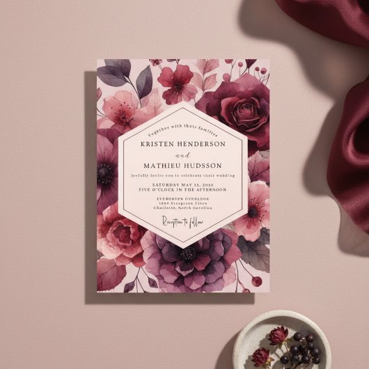 Invitation Burgundy Floral Opulent Romance Wedding