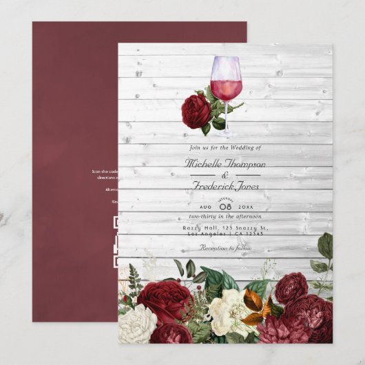 Invitation Burgundy Floral QR Code RSVP Mariage de dégustatio (Devant / Derrière)