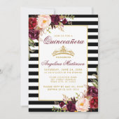 Invitation Burgundy Floral Quinceanera Gold Crown (Devant)