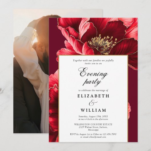 Invitation Burgundy Floral Soirée Mariage Photo (Devant / Derrière)