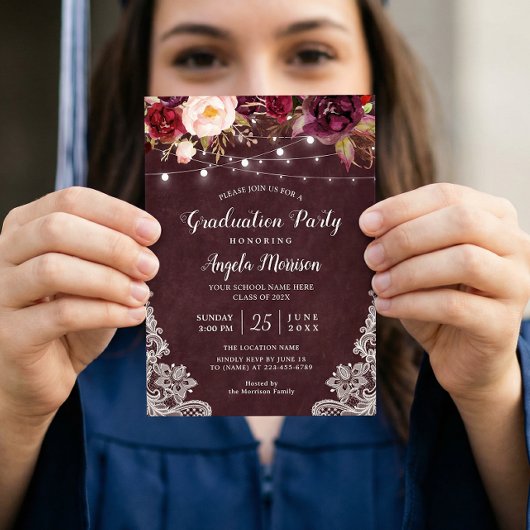 Invitation Burgundy Floral String Light Lace Graduation Party
