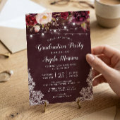 Invitation Burgundy Floral String Light Lace Graduation Party