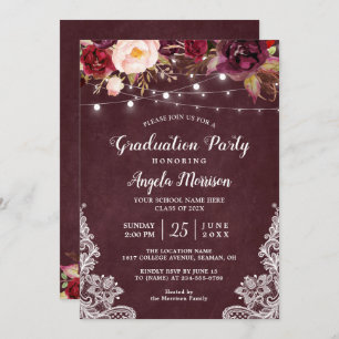 Invitation Burgundy Floral String Light Lace Graduation Party